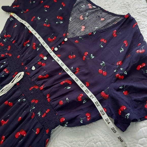 NAVY WITH WIMSICAL CHERRY PRINT MAXI / MIDI BUTTON FRONT DRESS - Picture 10 of 11